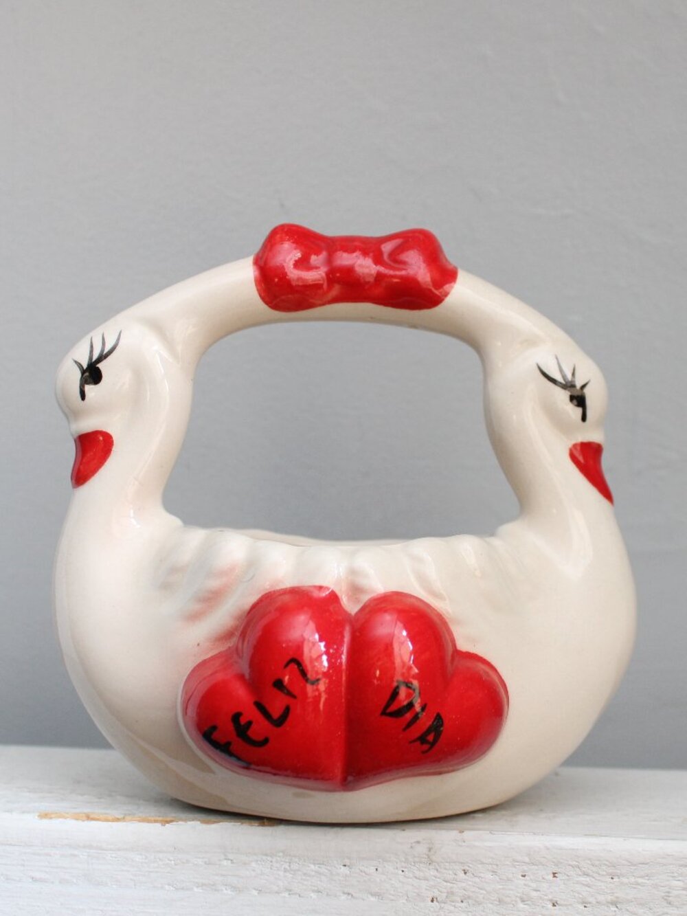 Vintage Glazed Ceramic Off White Double Swan Planter Basket Red Heart Feliz Dia